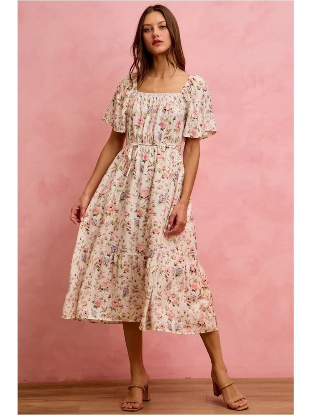 Floral Square-Neck Midi Dress in Light Pink